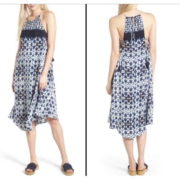 ASTR The Label Delfina Midi Dress Women M Halter Blue White Tie Dye Lace Up Boho - Picture 1 of 14